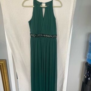 Emerald Green floor length formal dress with beaded waist. Size 8.